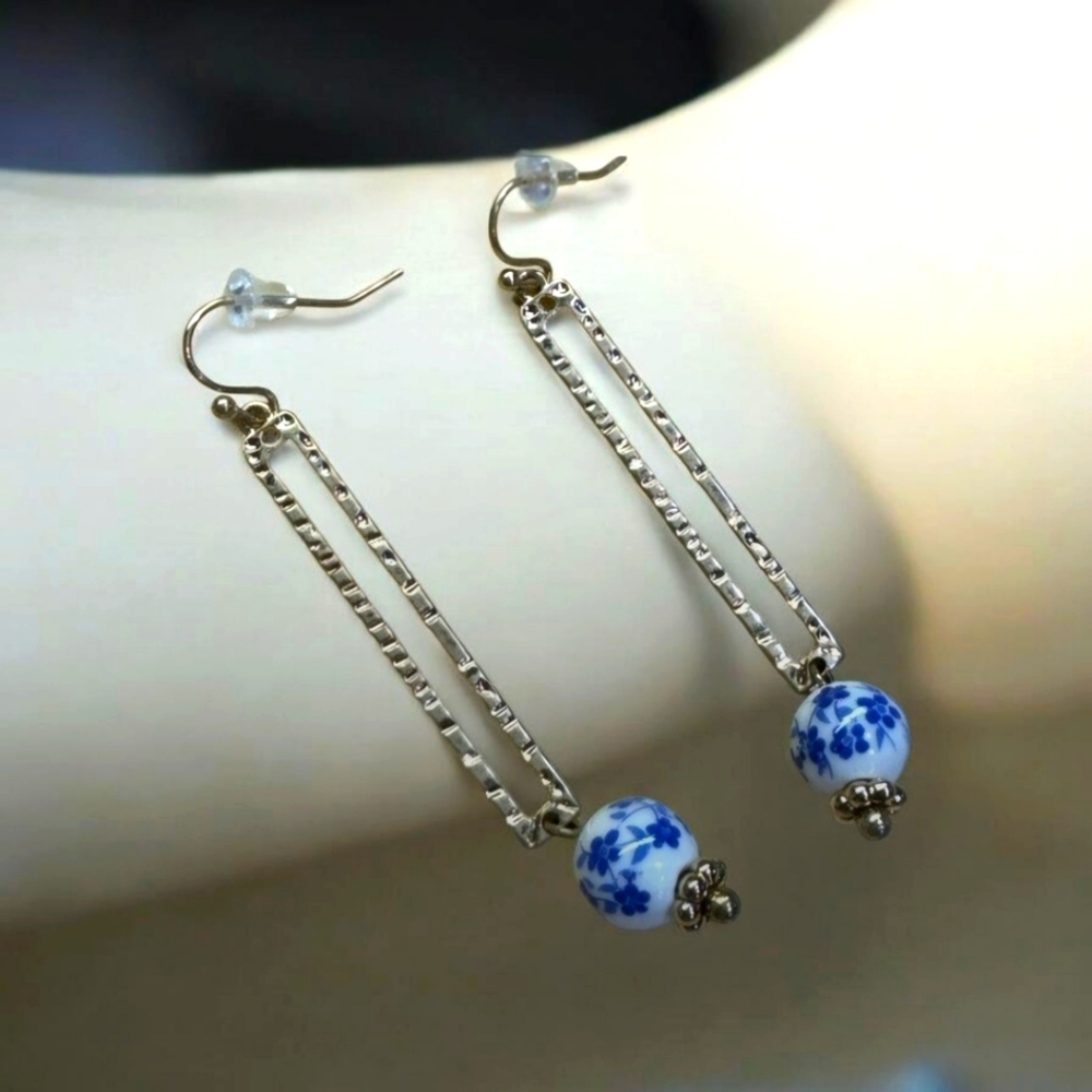 hammered gold and blue floral fashion earrings 2” long NEW